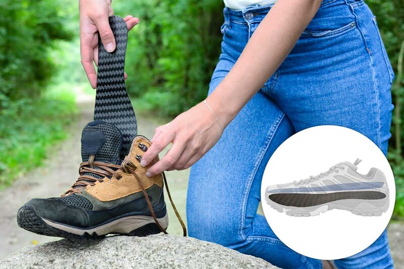 Cropped image showing a person placing the Carbon Footplate carbon fiber insole from Camp Scandinavia into a boot. An inset illustration shows that the carbon fiber insole should be positioned underneath the shoe's insole.